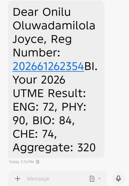 Real 2026 JAMB UTME result — Aggregate 320