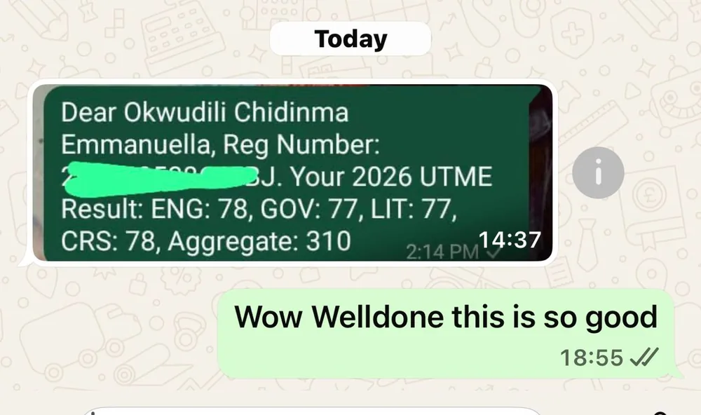Real 2026 JAMB UTME result — Aggregate 310