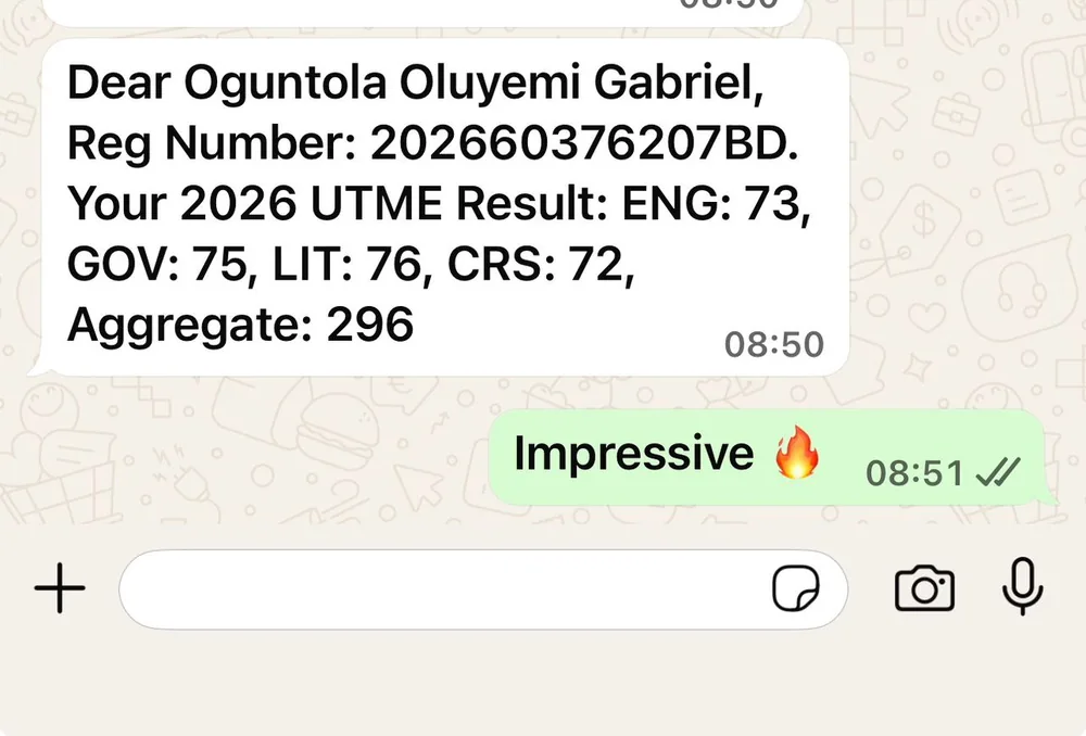 Real 2026 JAMB UTME result — Aggregate 296