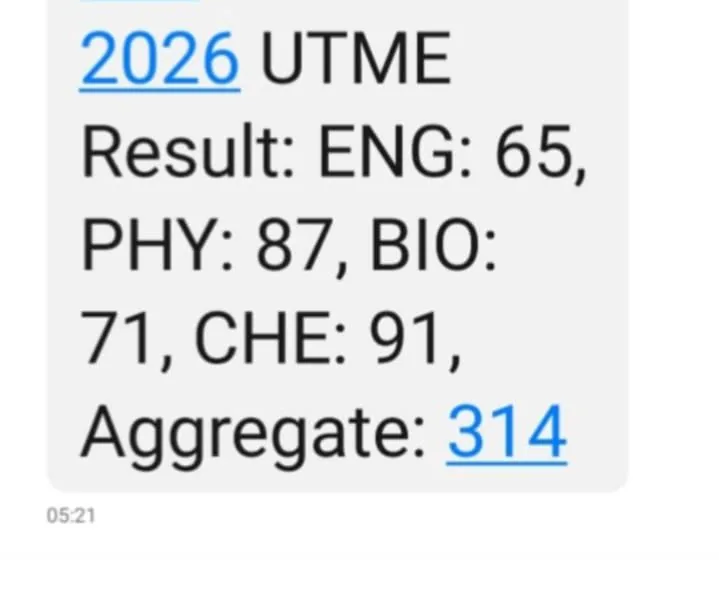 Real 2026 JAMB UTME result — Aggregate 314