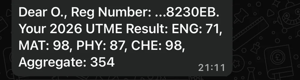 Real 2026 JAMB UTME result — Aggregate 354