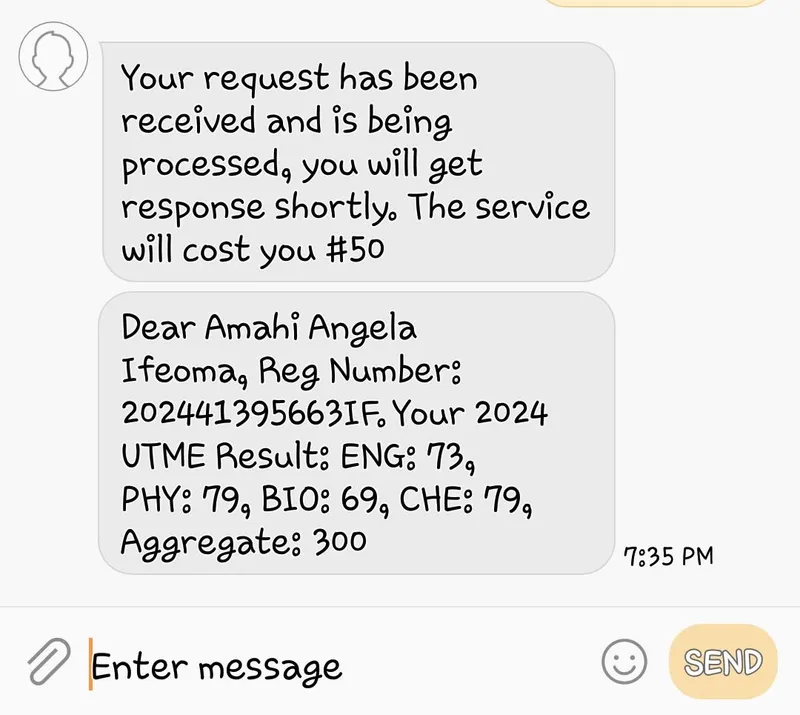 SMS showing UTME result with an aggregate score of 300