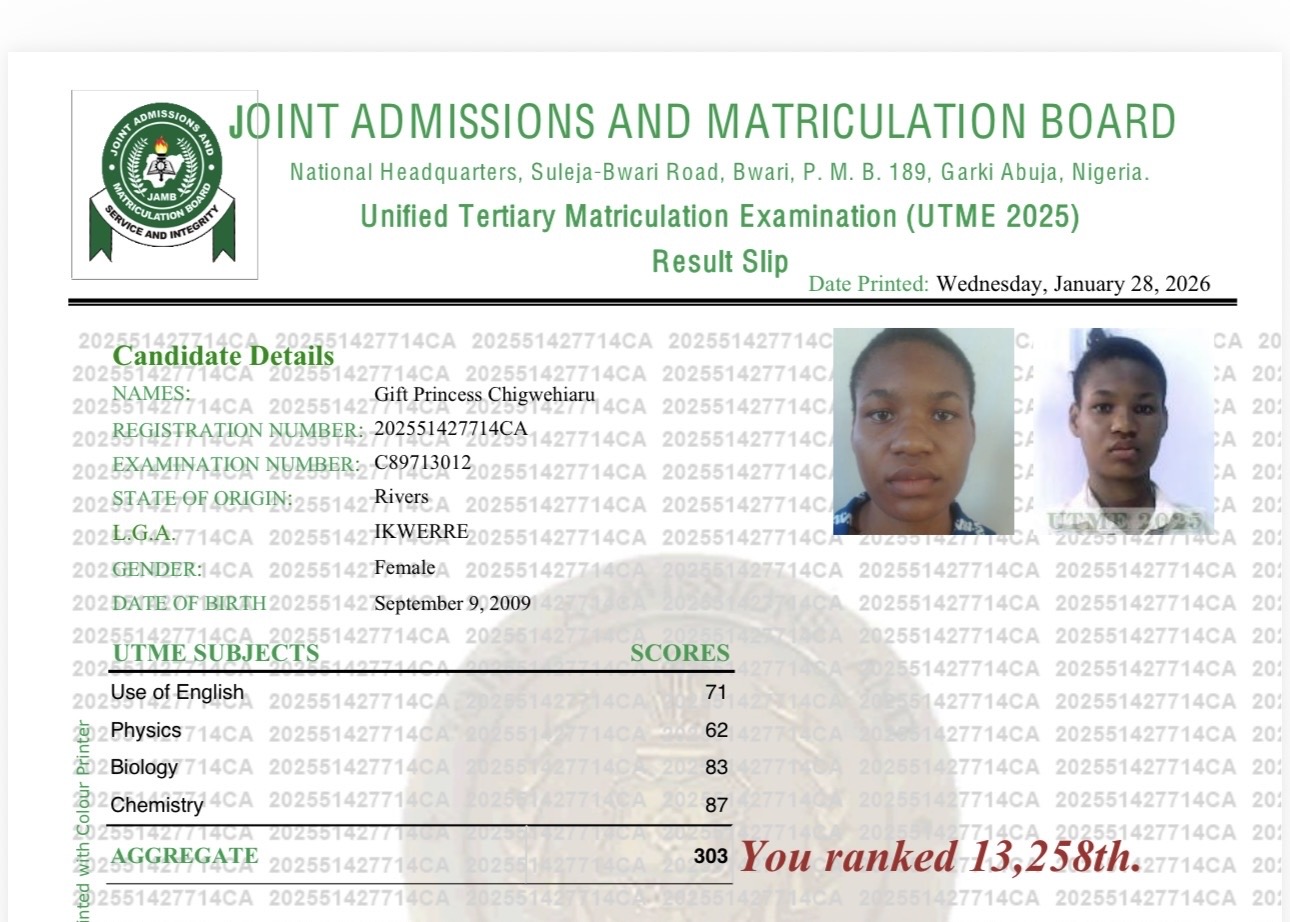 Official JAMB result slip showing a score of 303