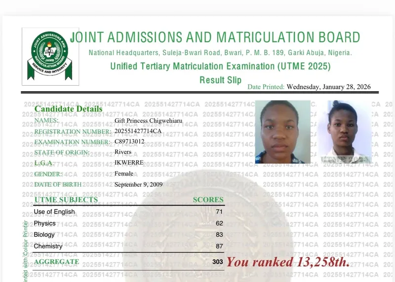 Official JAMB result slip showing a score of 303