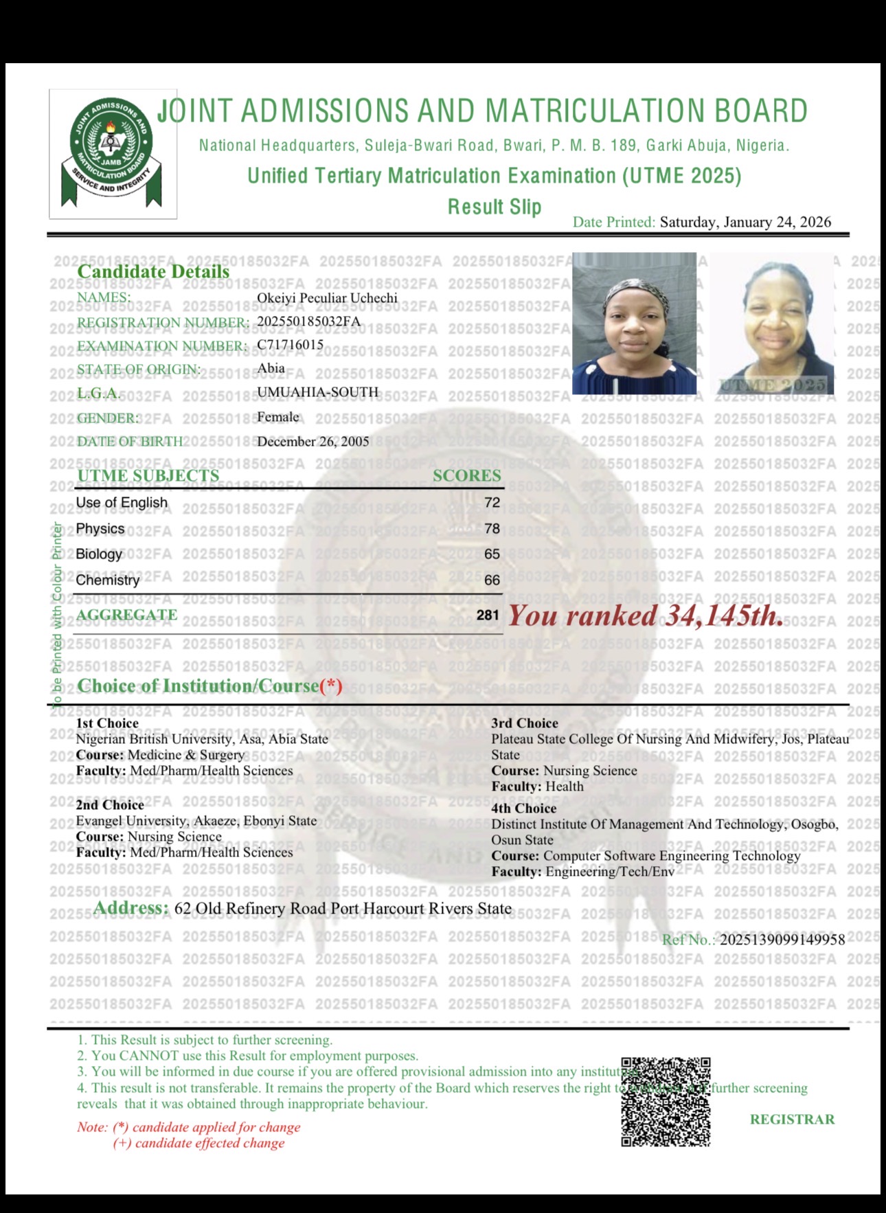Official JAMB result slip showing a score of 281 for Medicine & Surgery